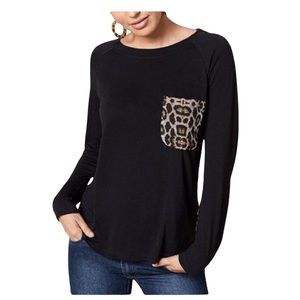 VENUS Black Long Sleeve Tee with Leopard Print Pocket